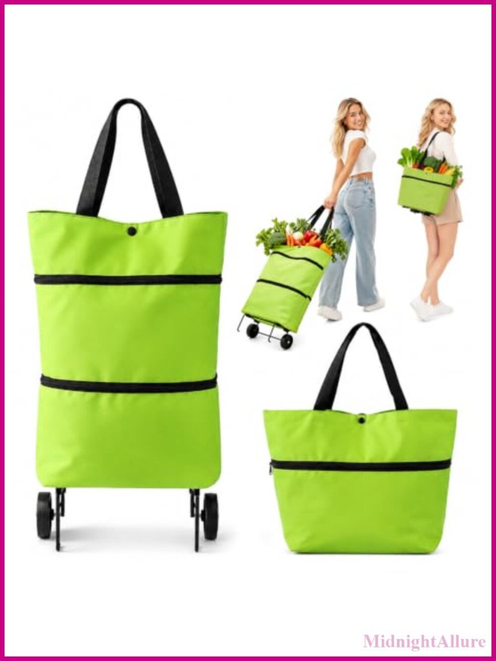 2-in-1 Foldable Shopping Cart with Wheels Rolling Tote for Groceries Laundry